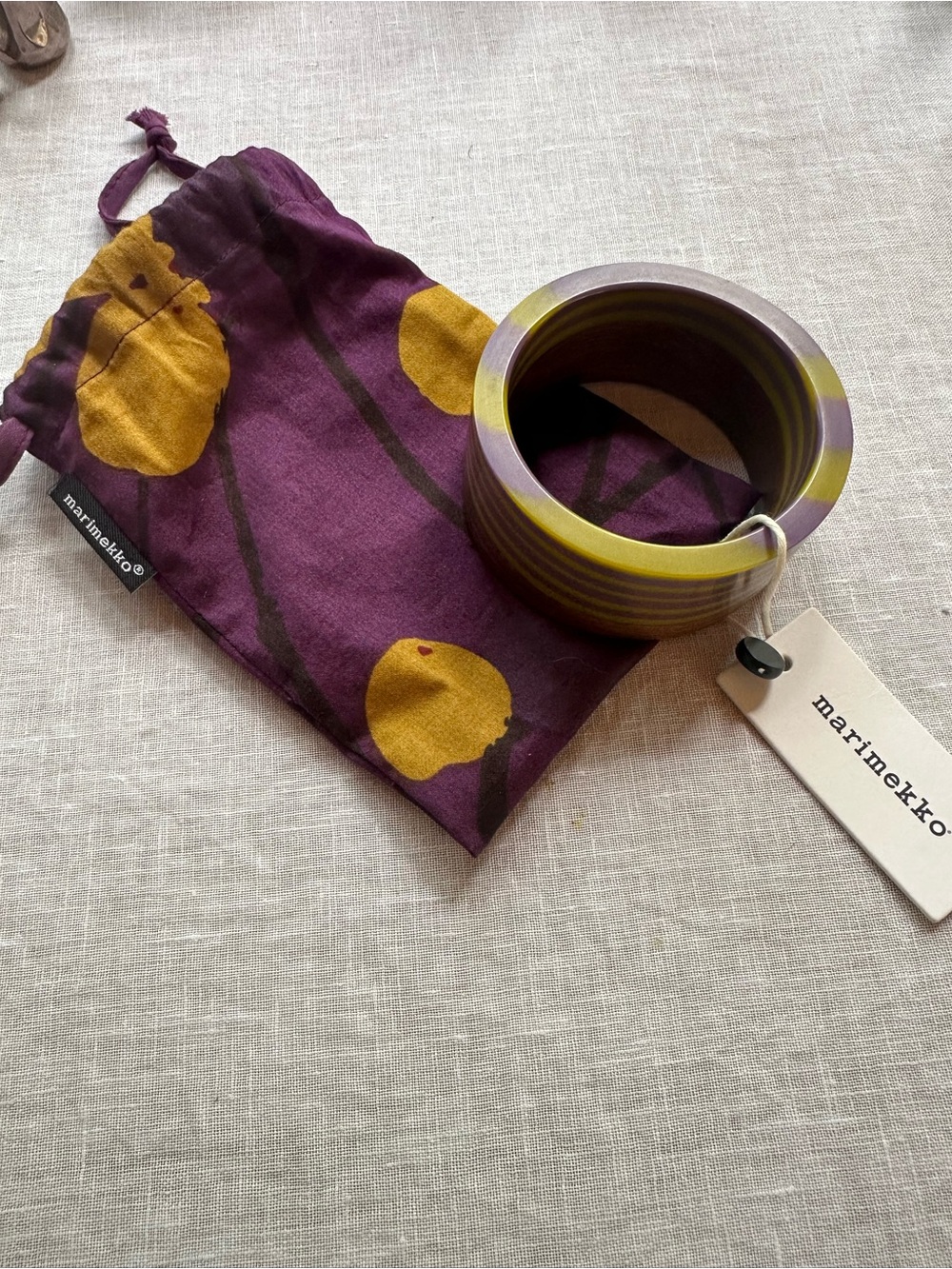Marimekko MCM Purple & Yellow Striped Resin and Wood Bangle. Dust Bag. - Picture 3 of 8